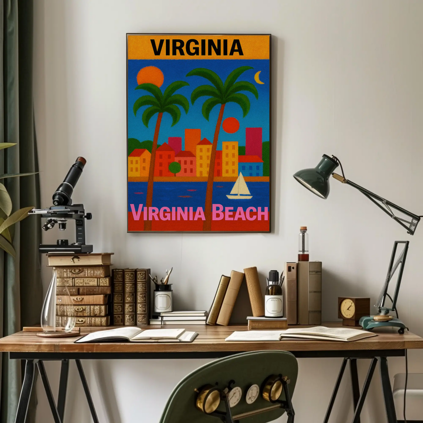 Virginia Beach Colorful Palms Cityscape Sunset Travel Poster