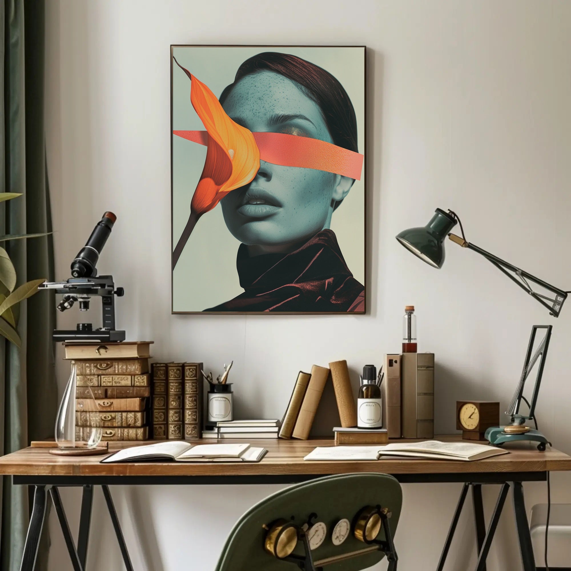 Surreal Blue Portrait with Orange Calla Lily Art Poster PosterGoat