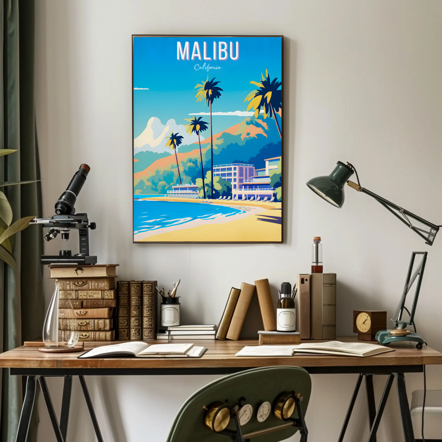 Malibu California Palm Trees Beach Hotel Hills Travel Poster