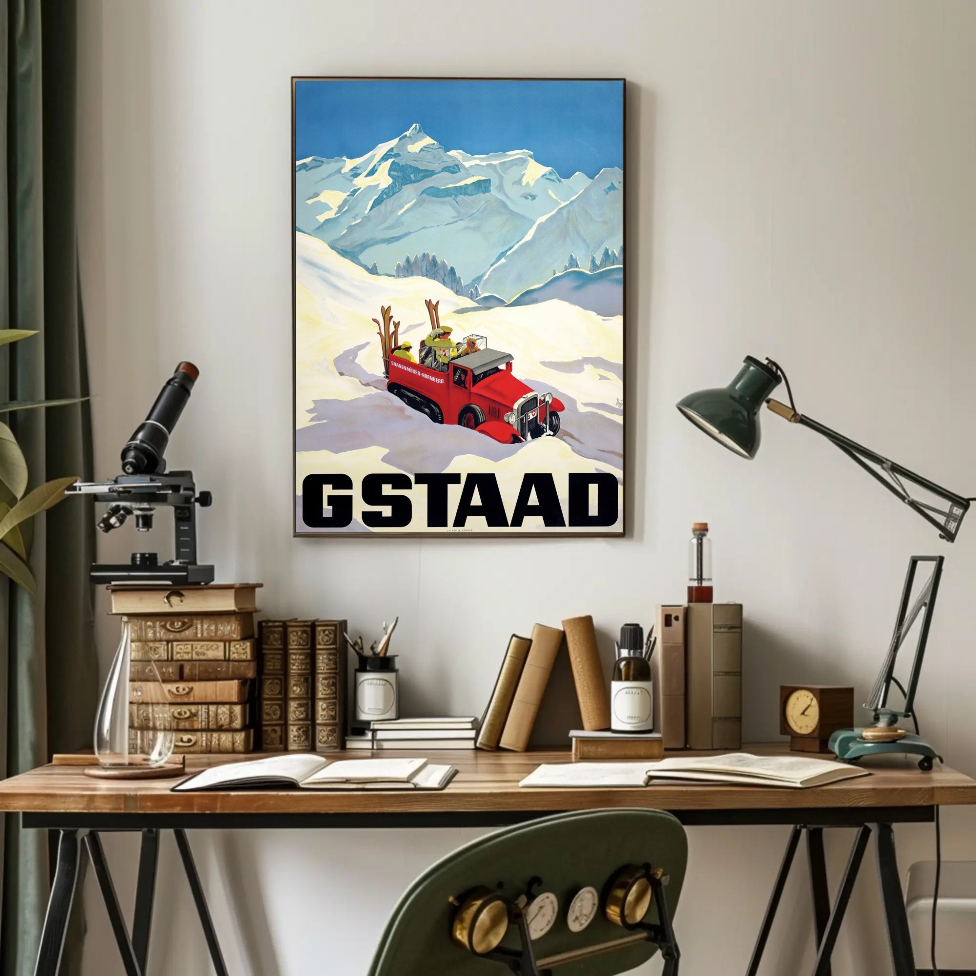 Vintage Winter Adventure in Gstaad Travel Poster PosterGoat