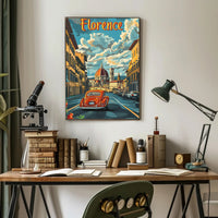 Florence Cathedral scene with vintage car poster