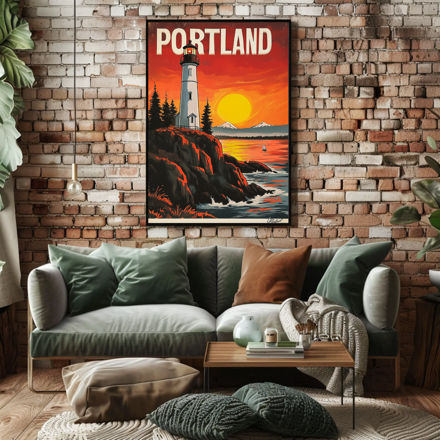Portland Vintage Poster - Lighthouse at Sunset