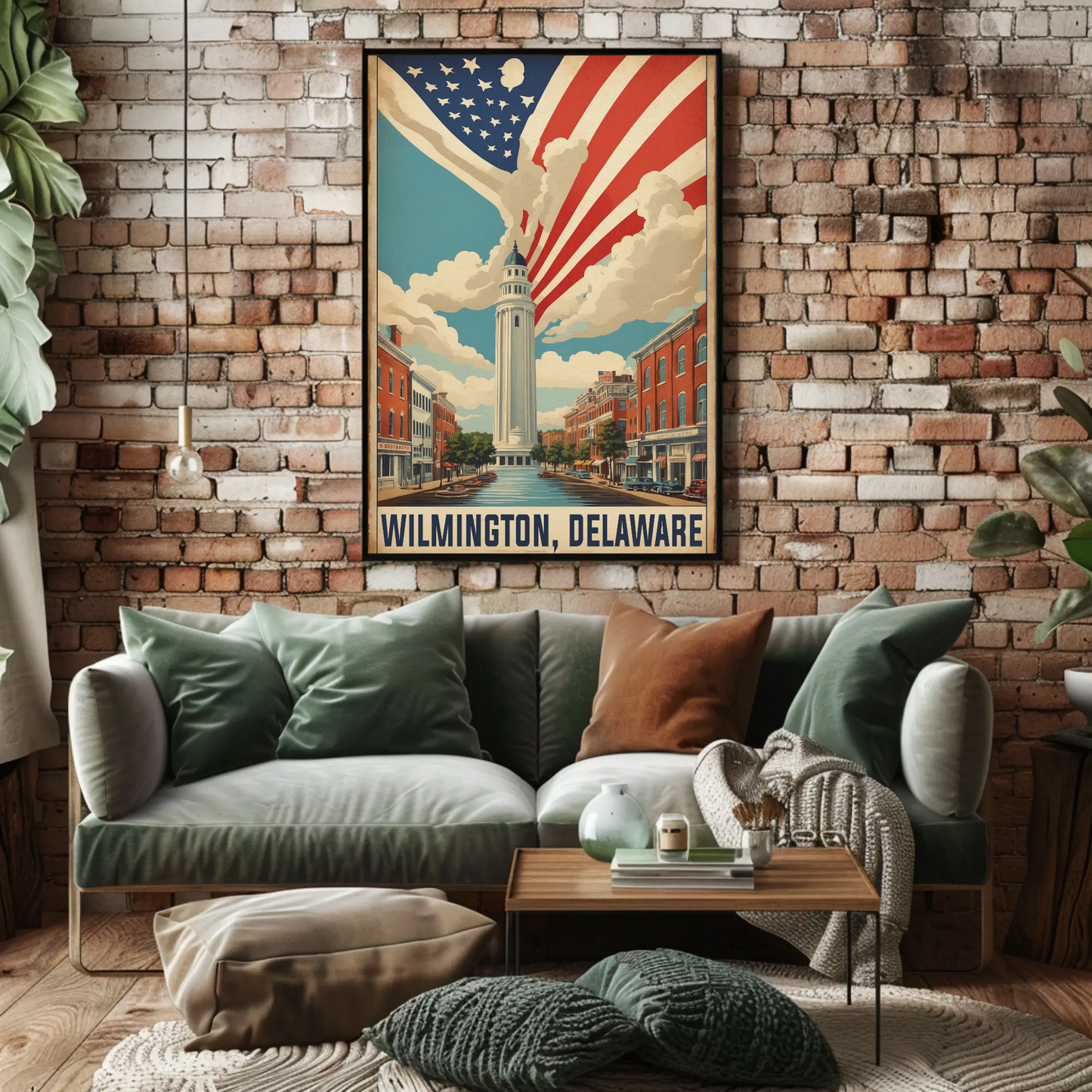 Wilmington Delaware Tower And Flag Streetscape Vintage Travel Poster