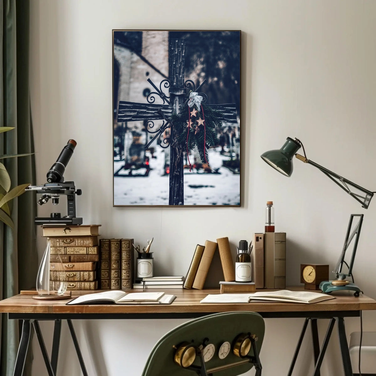 Winter Cemetery Scene with Wreath and Cross Poster