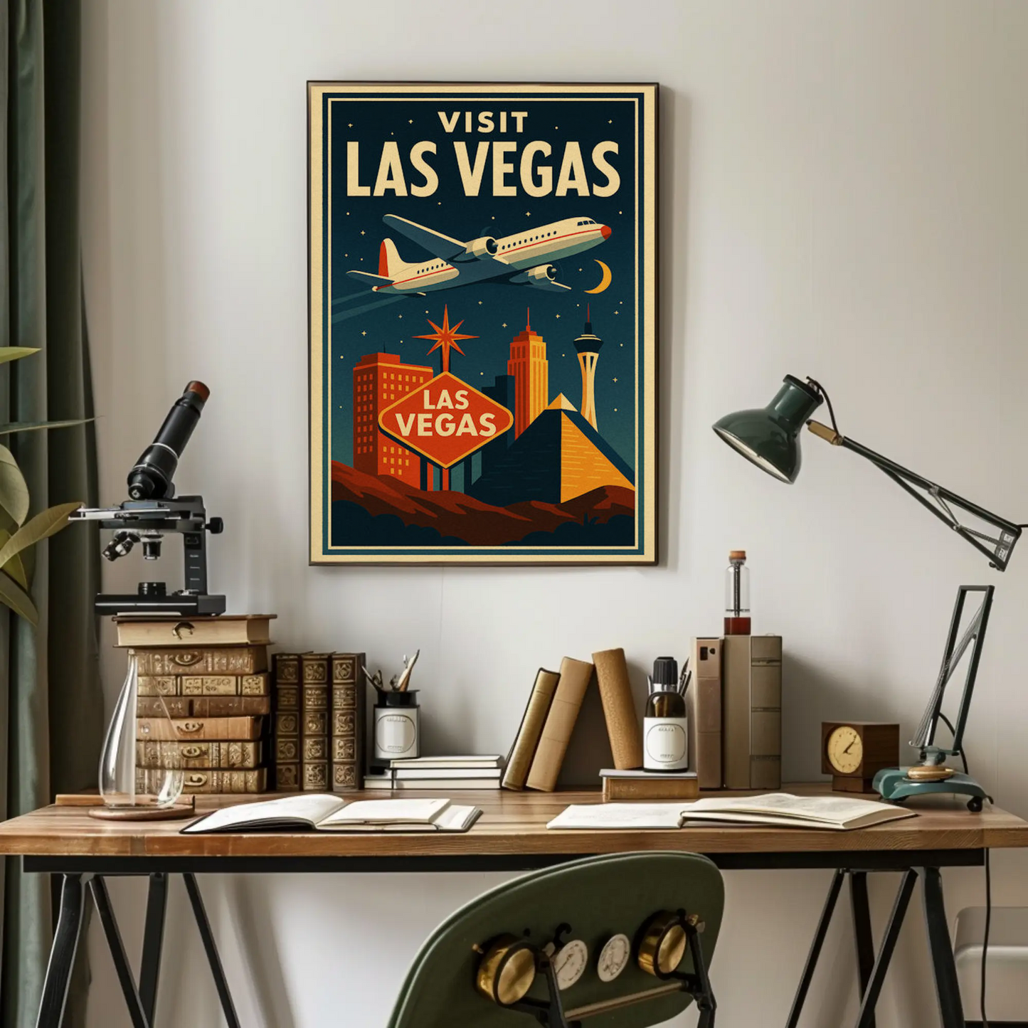 Visit Las Vegas Stylized Airliner Night Neon Glow Travel Poster