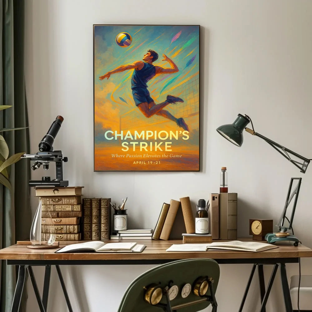 Champion's Strike Energetic Volleyball Action Sports Poster PosterGoat