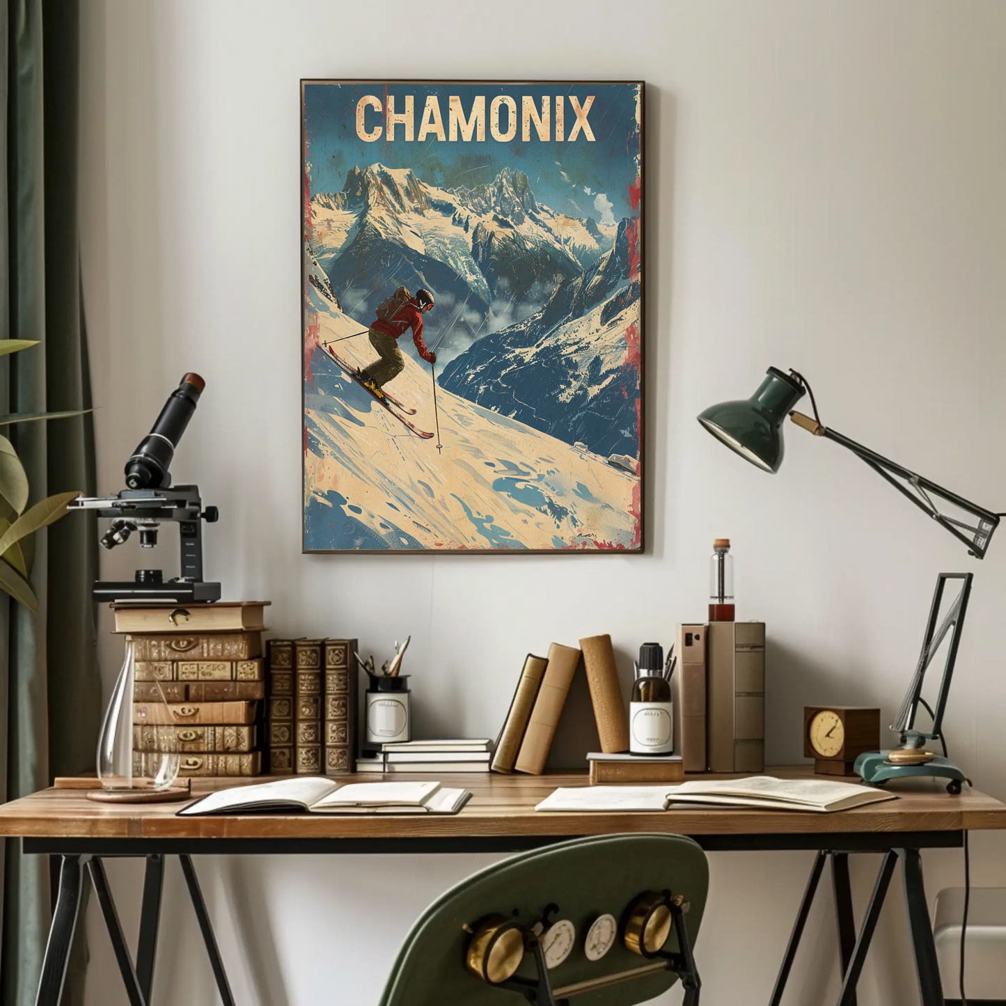 Chamonix France Skier Mountain Slope Adventure Alps Travel Poster