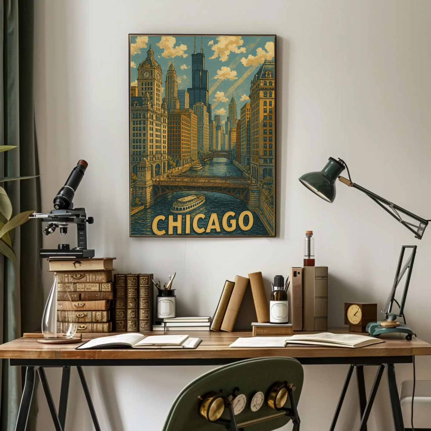 Chicago Willis Tower Bridge River Cityscape Travel Poster