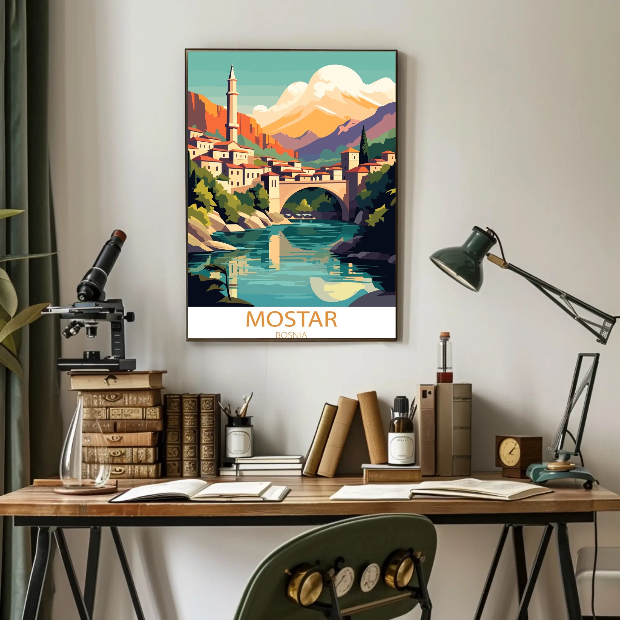 Mostar Vibrant Arched Bridge Travel Poster