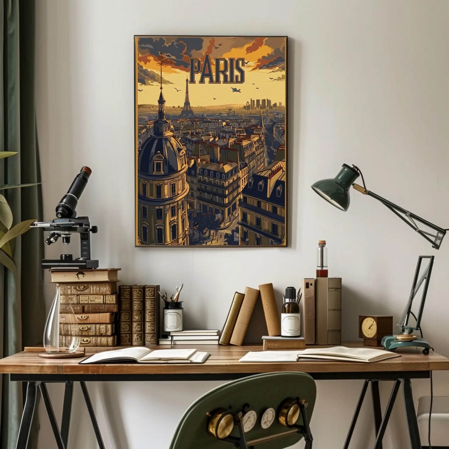 Paris Eiffel Tower Rooftop Sunset Travel Poster
