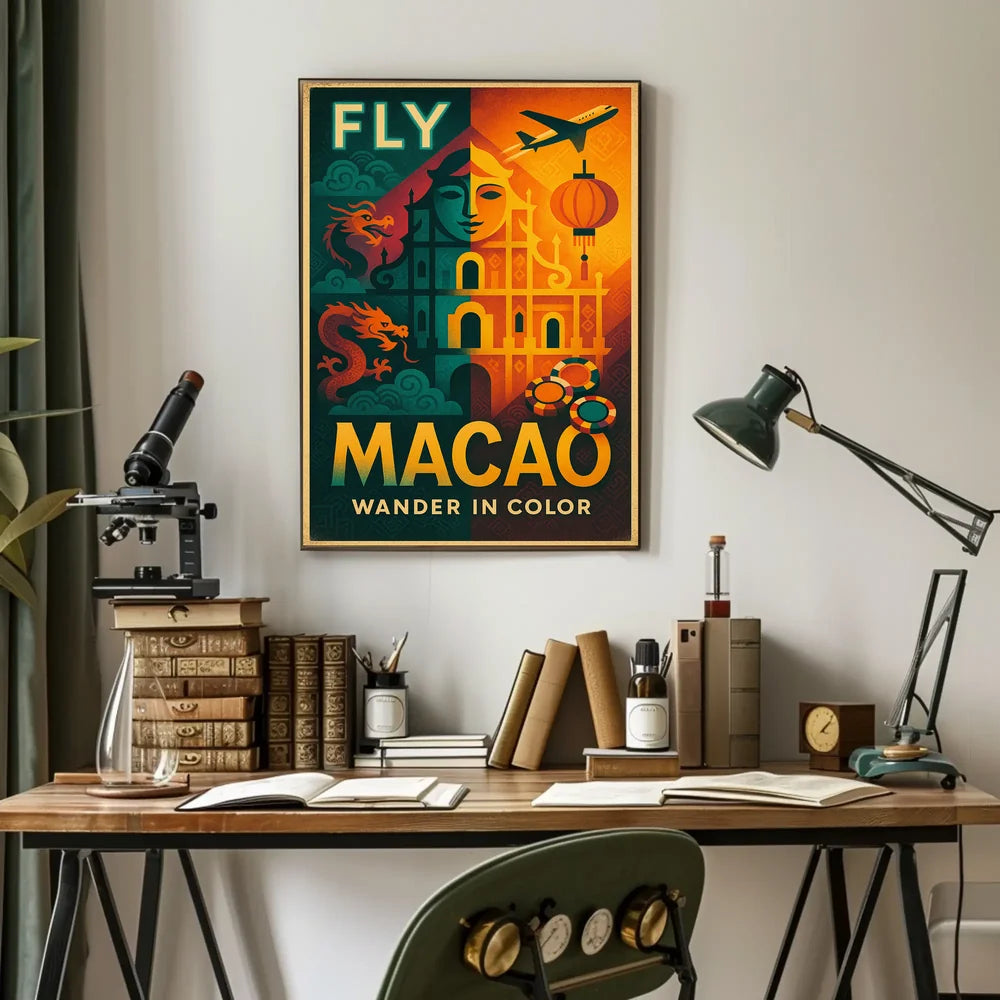 Fly Macao Travel with Vibrant Cultural Adventure Travel Poster PosterGoat
