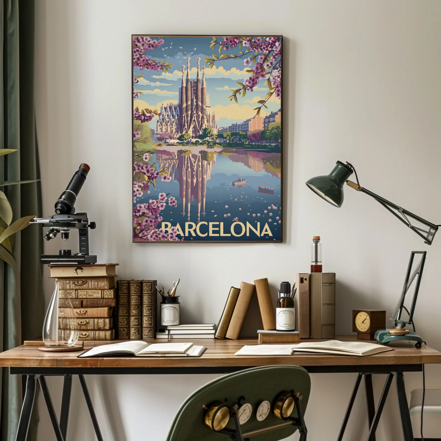 Barcelona Spain Blossoms and Cathedral Travel Poster