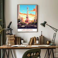 Las Vegas Cityscape with Eiffel Tower Travel Poster
