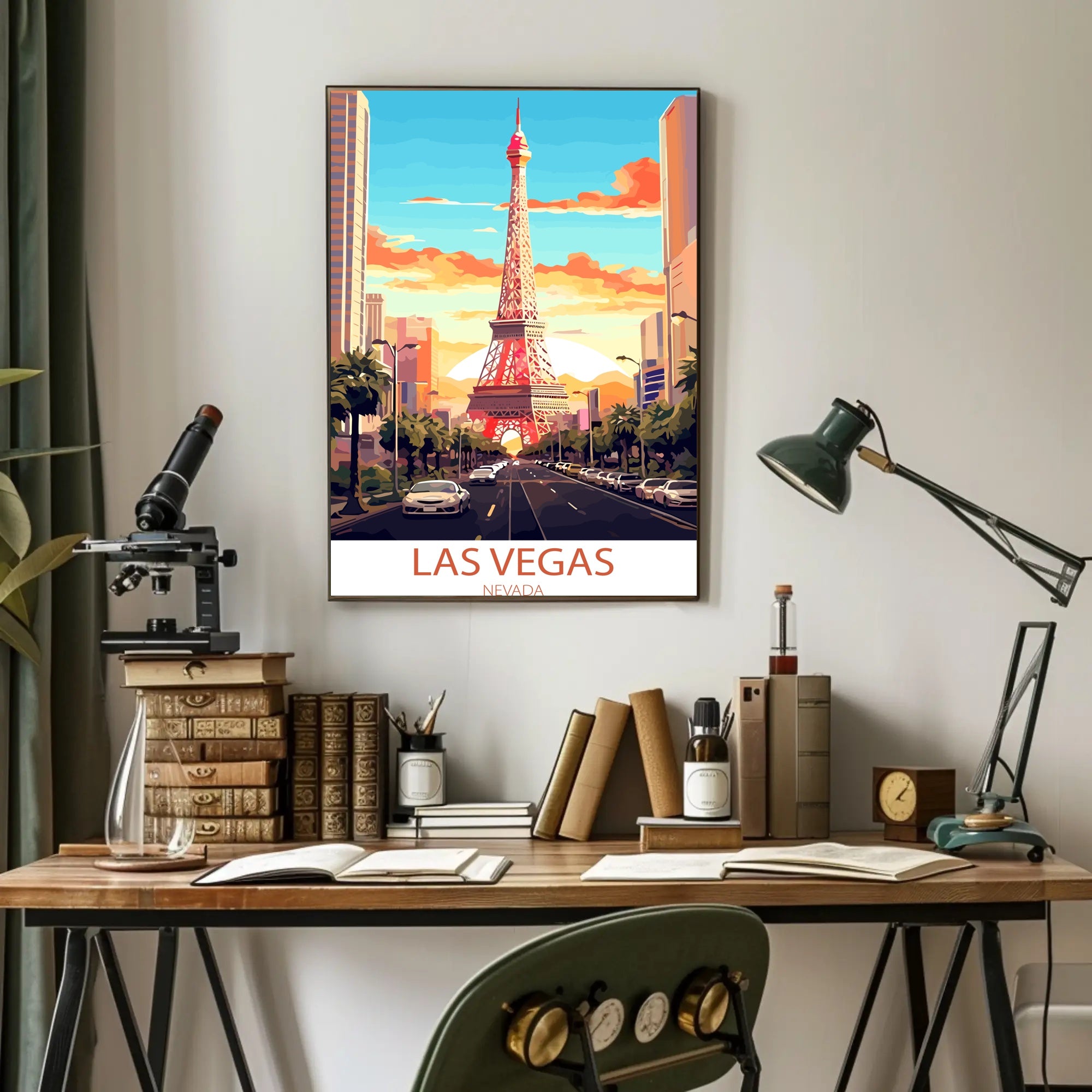 Las Vegas Cityscape with Eiffel Tower Travel Poster