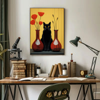 Black Cat And Red Vases Poster