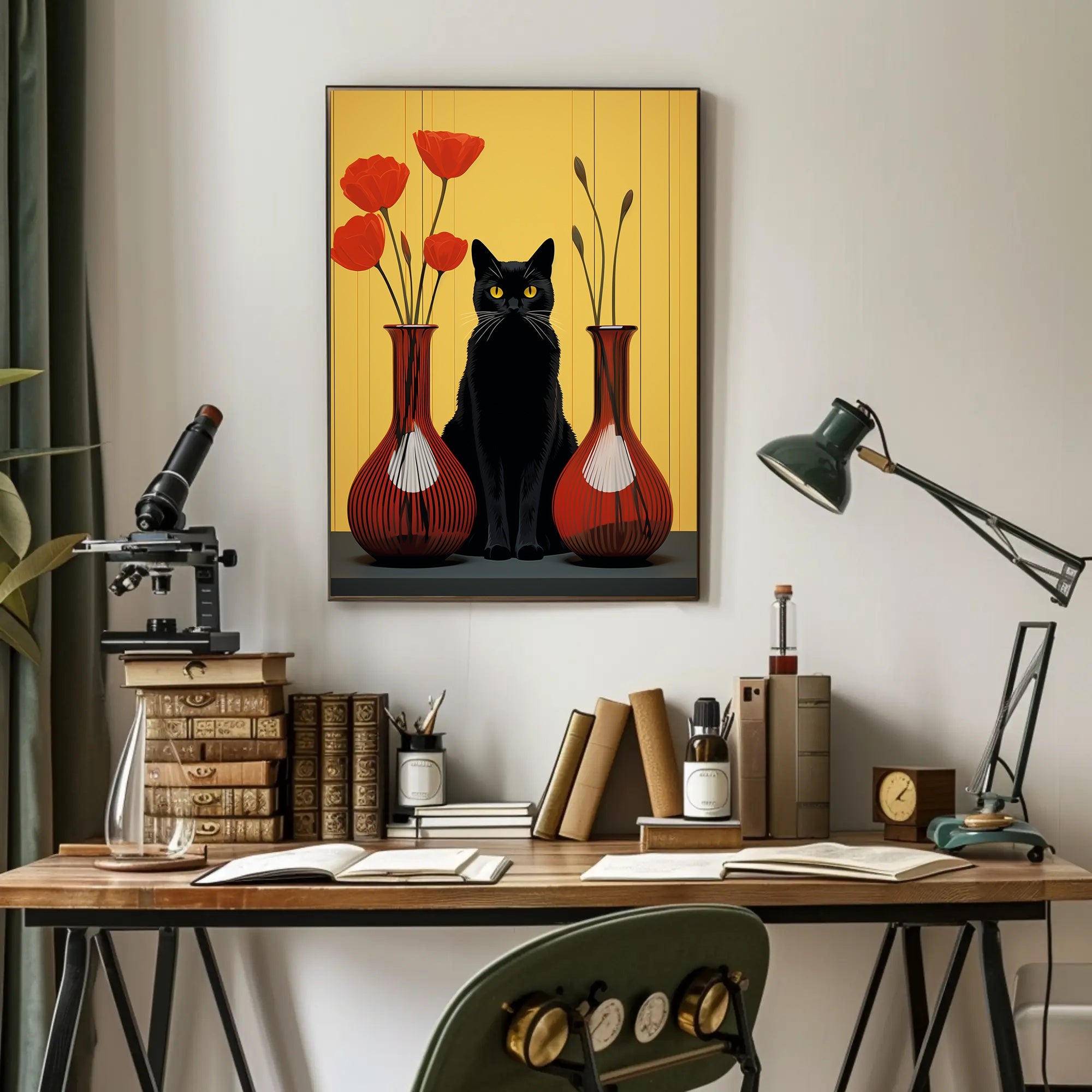 Black Cat And Red Vases Poster