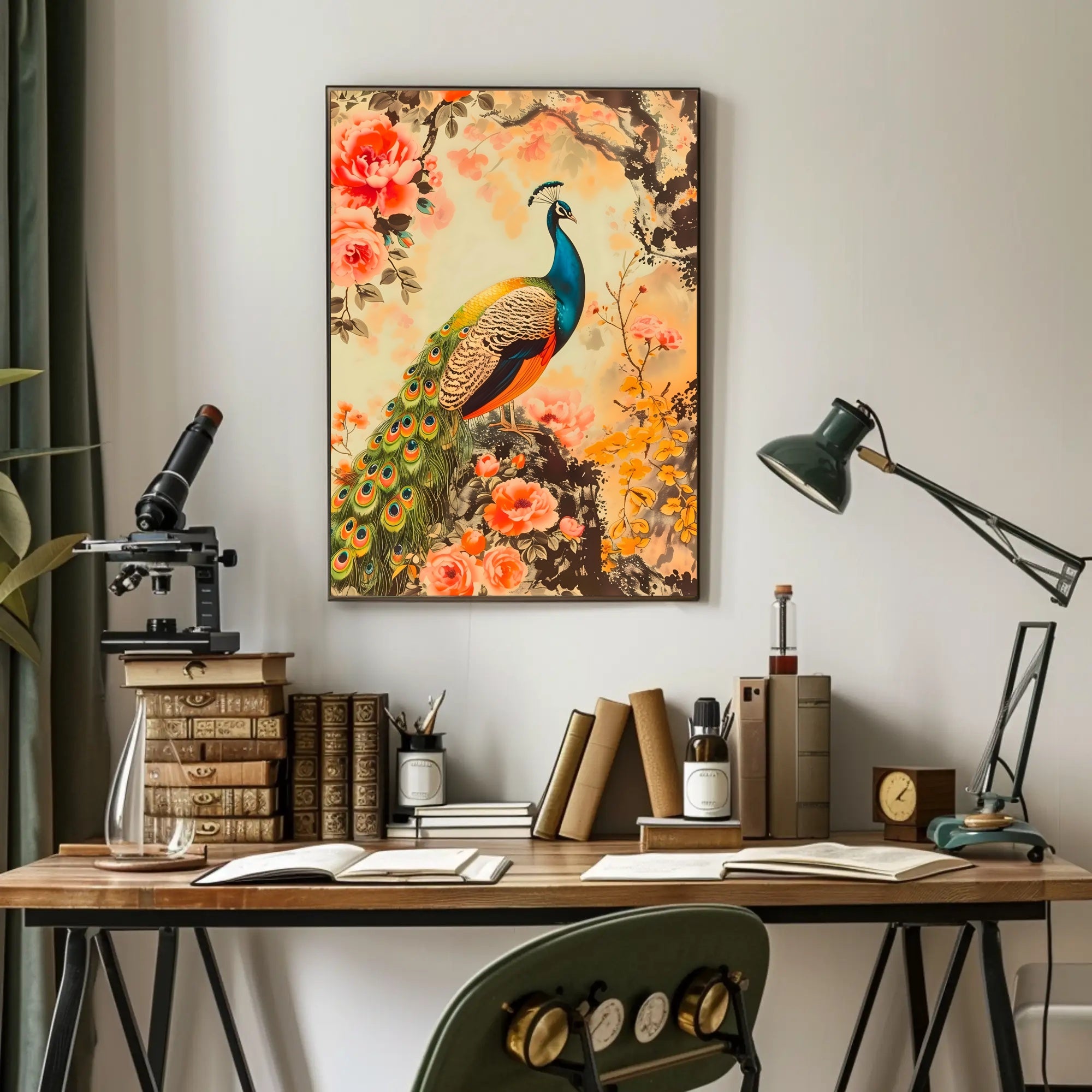 Peacock in Floral Splendor: Artistic Poster