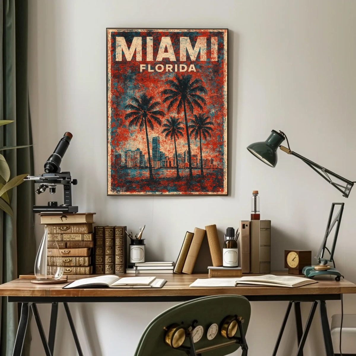 Miami Retro Vibes Vintage Cityscape Travel Art Deco Coastal Nostalgic Urban Sunset Poster