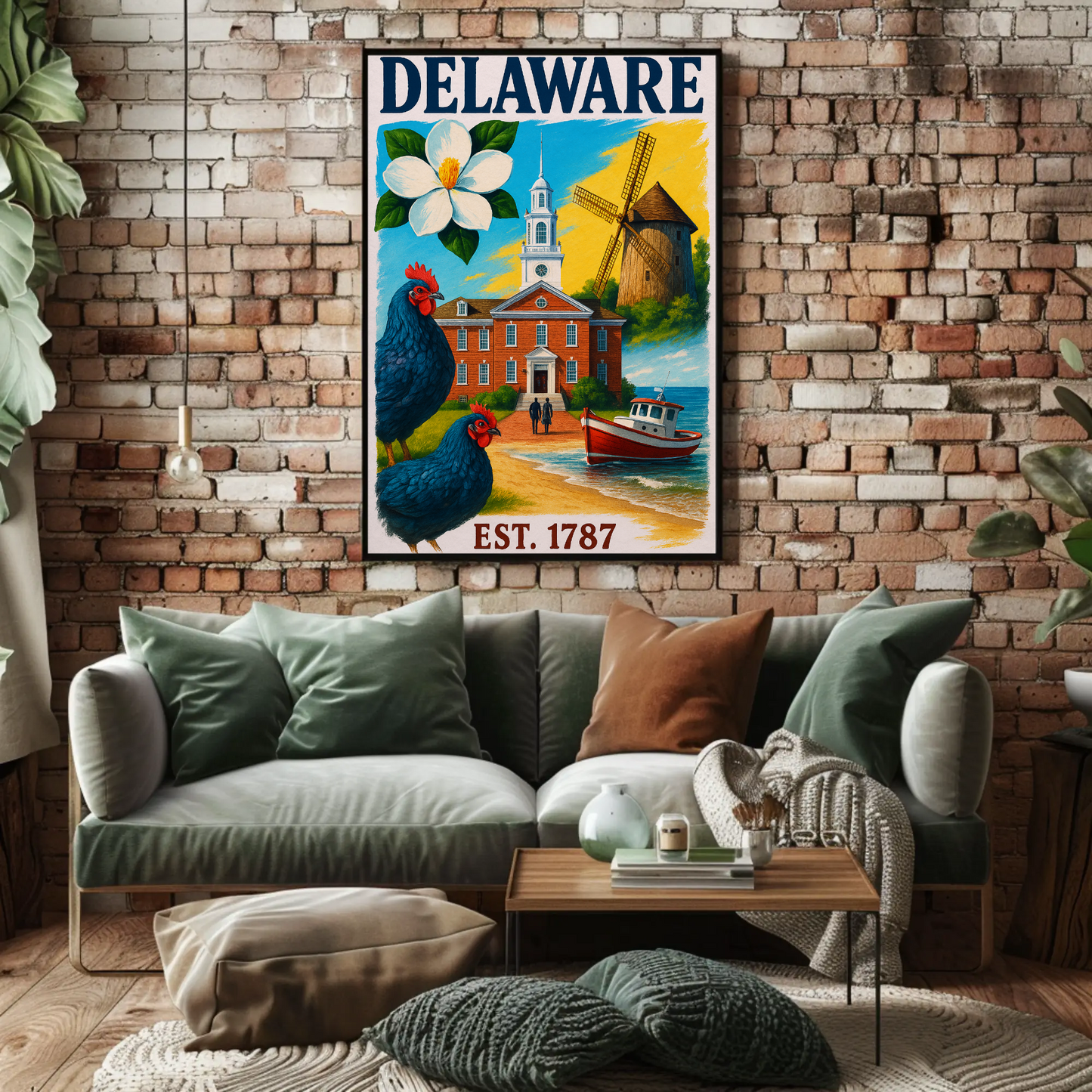 Delaware 1787 Poster With Windmill And Chickens Vintage Travel Poster
