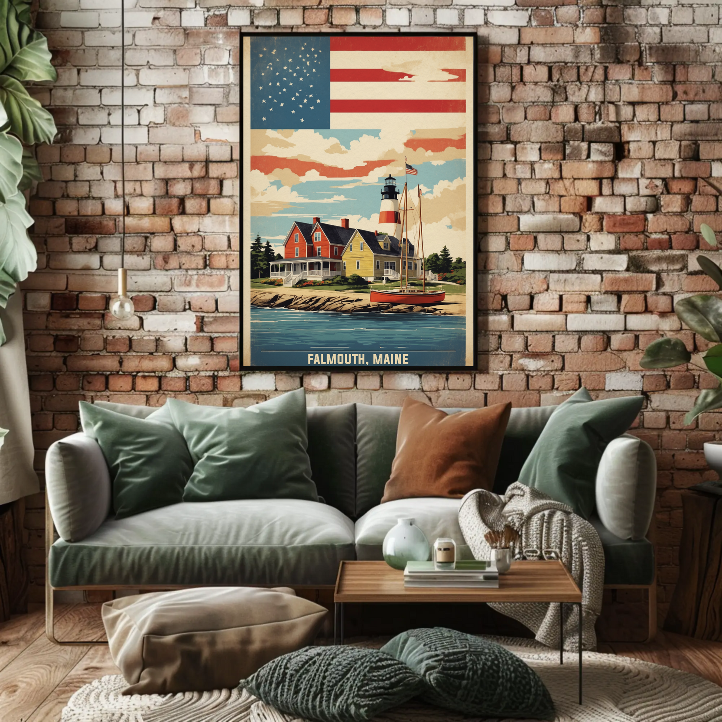 Falmouth Maine Lighthouse Harbor Scene Vintage Travel Poster