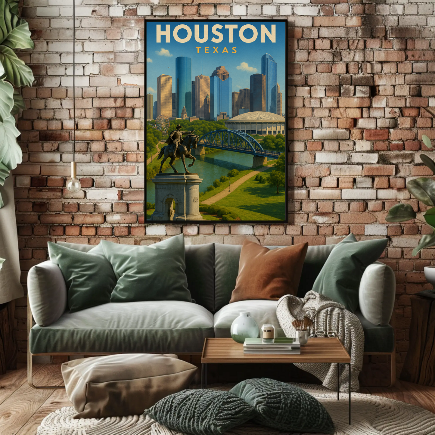 Houston Texas Skyline River Monument Vintage Travel Poster