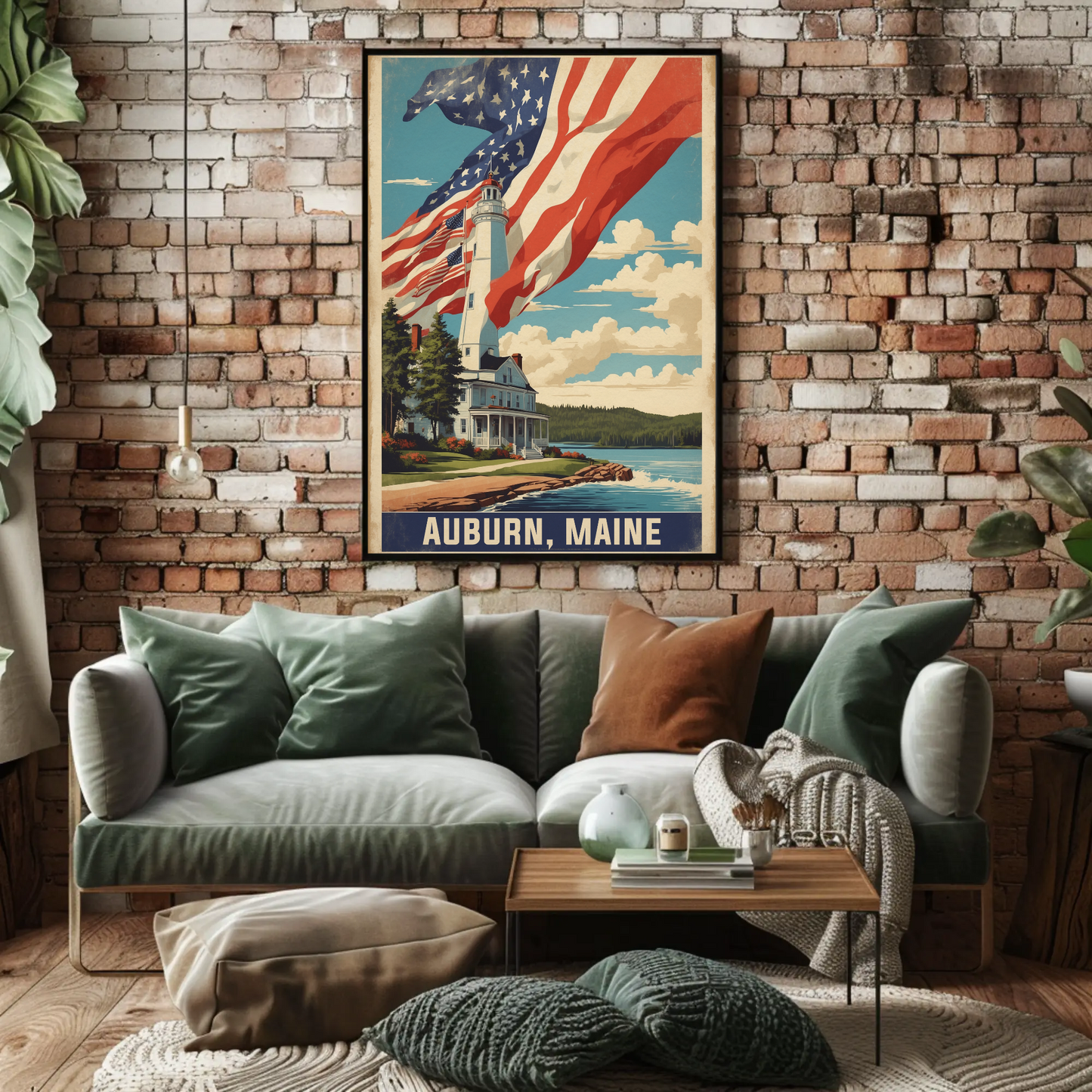 Auburn Maine Lighthouse Coastal Home Vintage Travel Poster