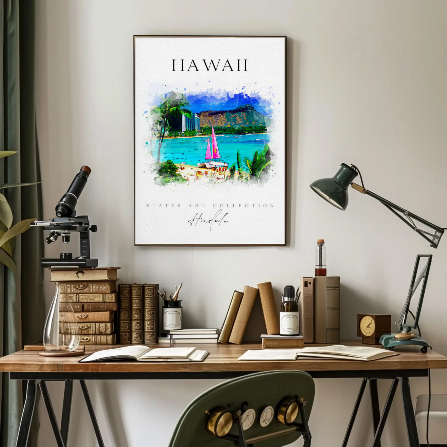 Hawaii Honolulu Sailboat Watercolor Skyline Poster