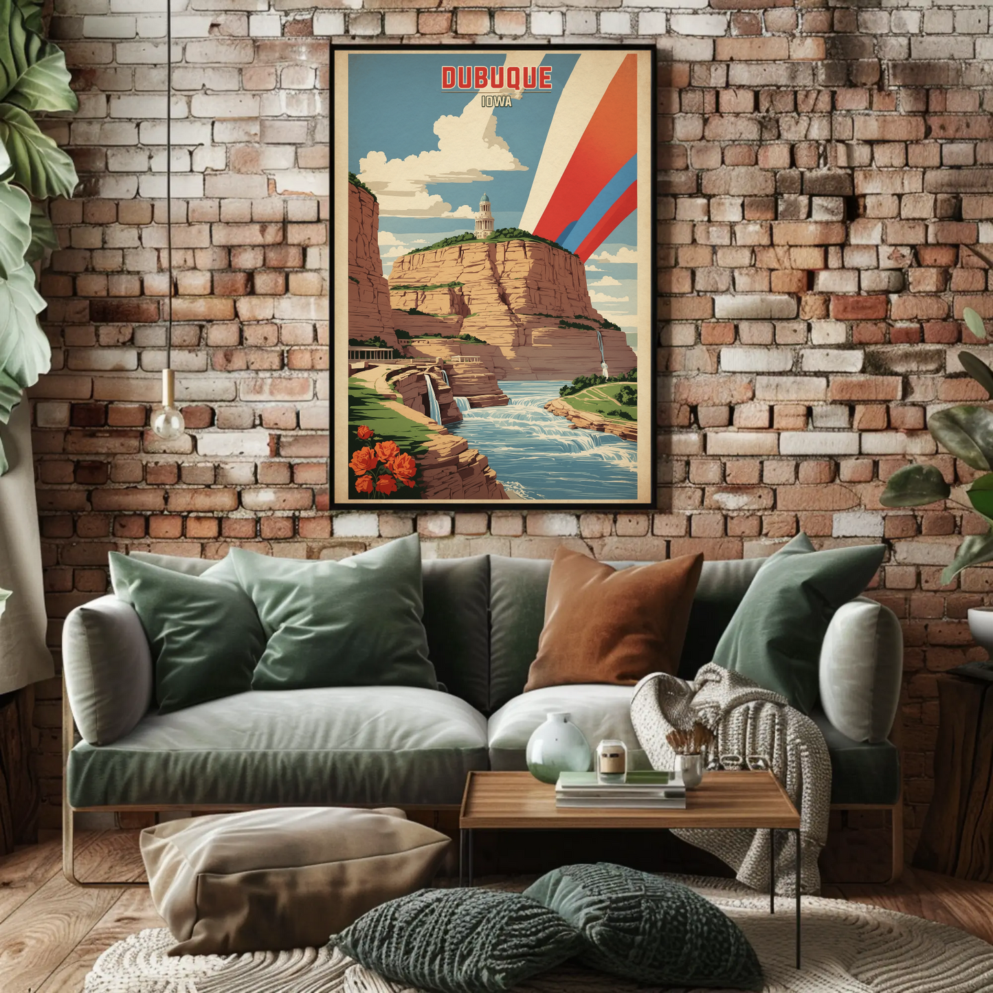Dubuque Iowa Canyon River Tower Vintage Travel Poster