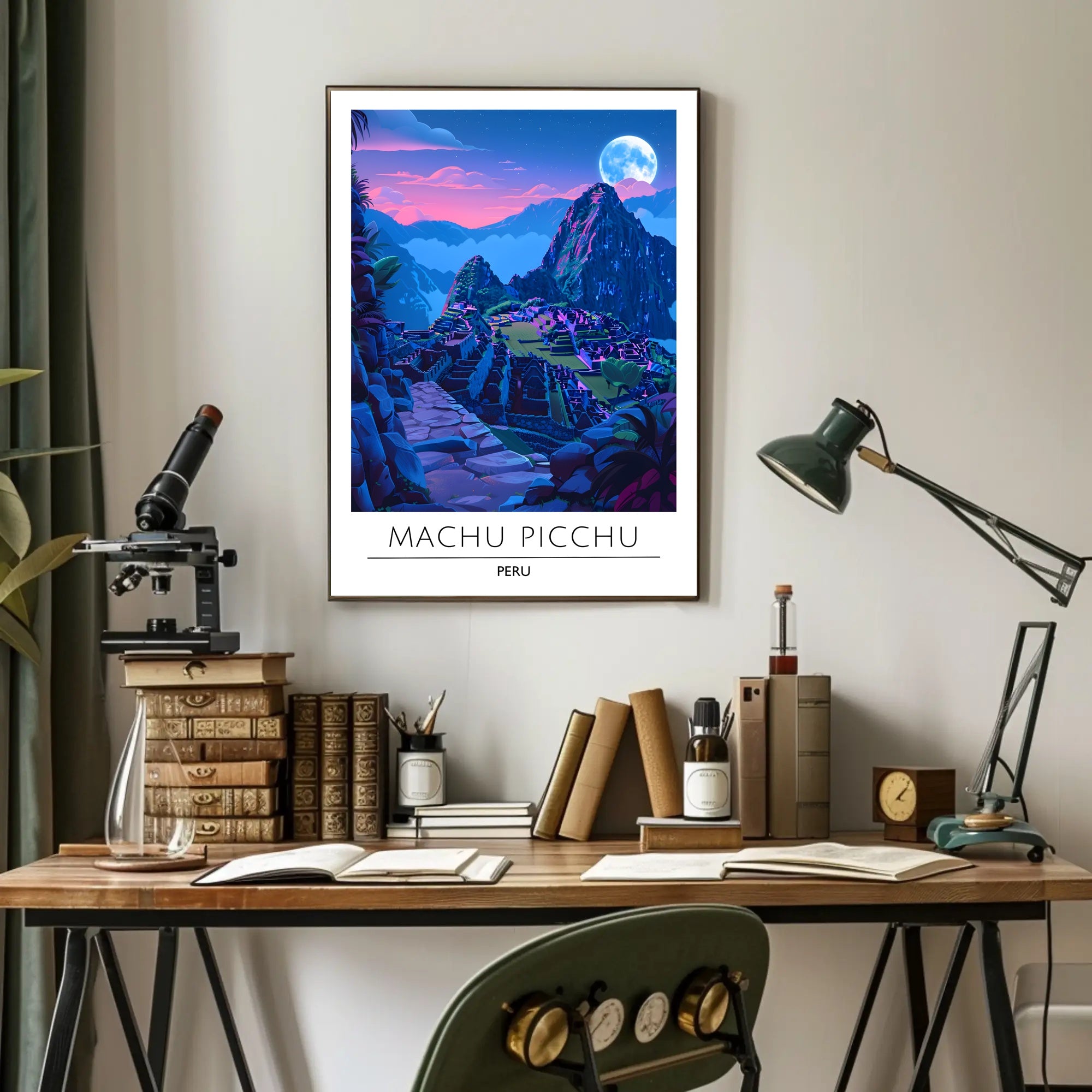 Machu Picchu Moonlit Dusk Vibrant Travel Poster