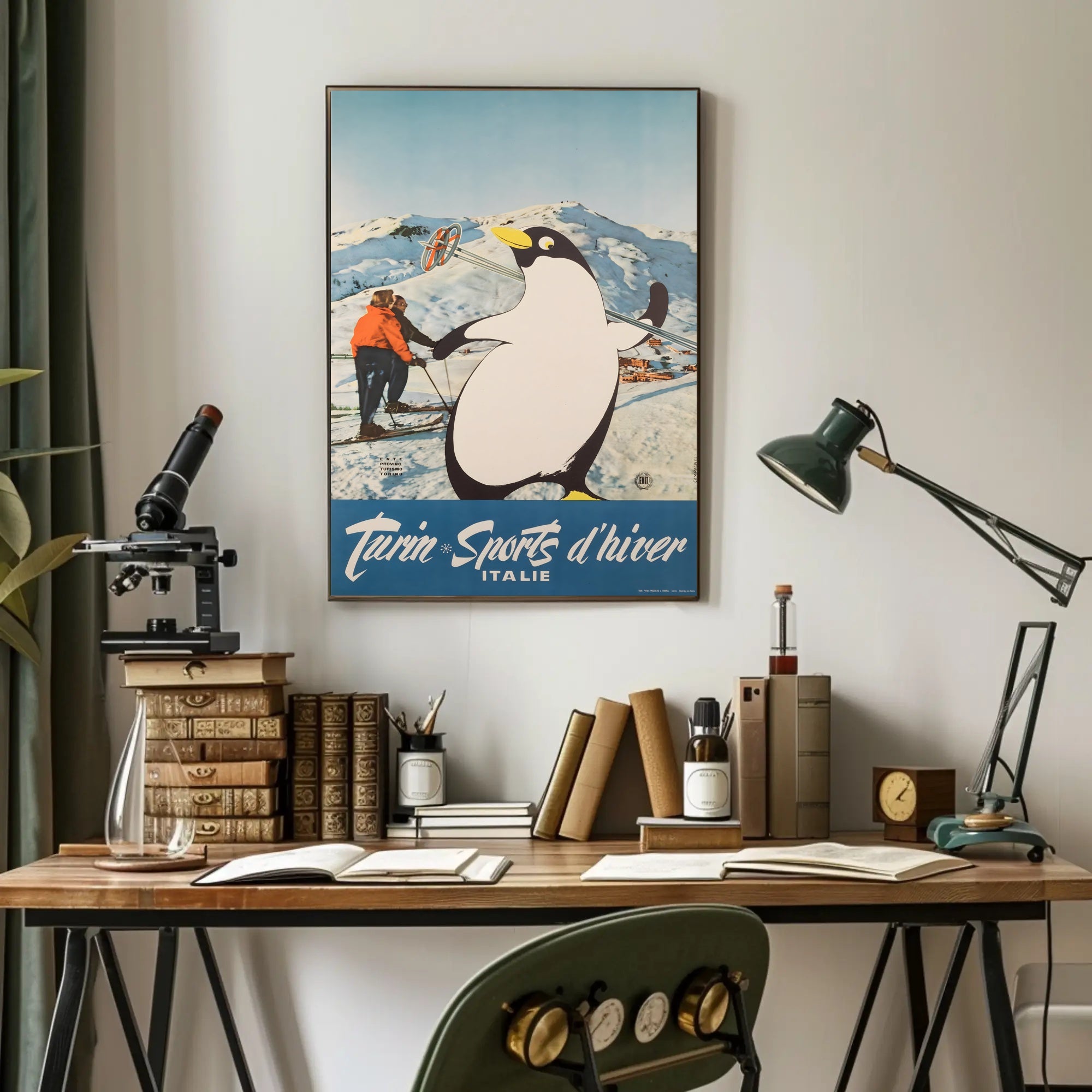 Winter Sports Fun Poster with Playful Penguin: Travel Poster PosterGoat