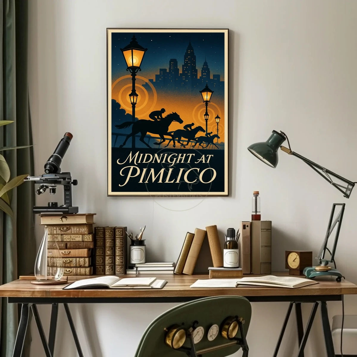 Midnight Horse Racing Action at Art Deco Skyline Sports Poster
