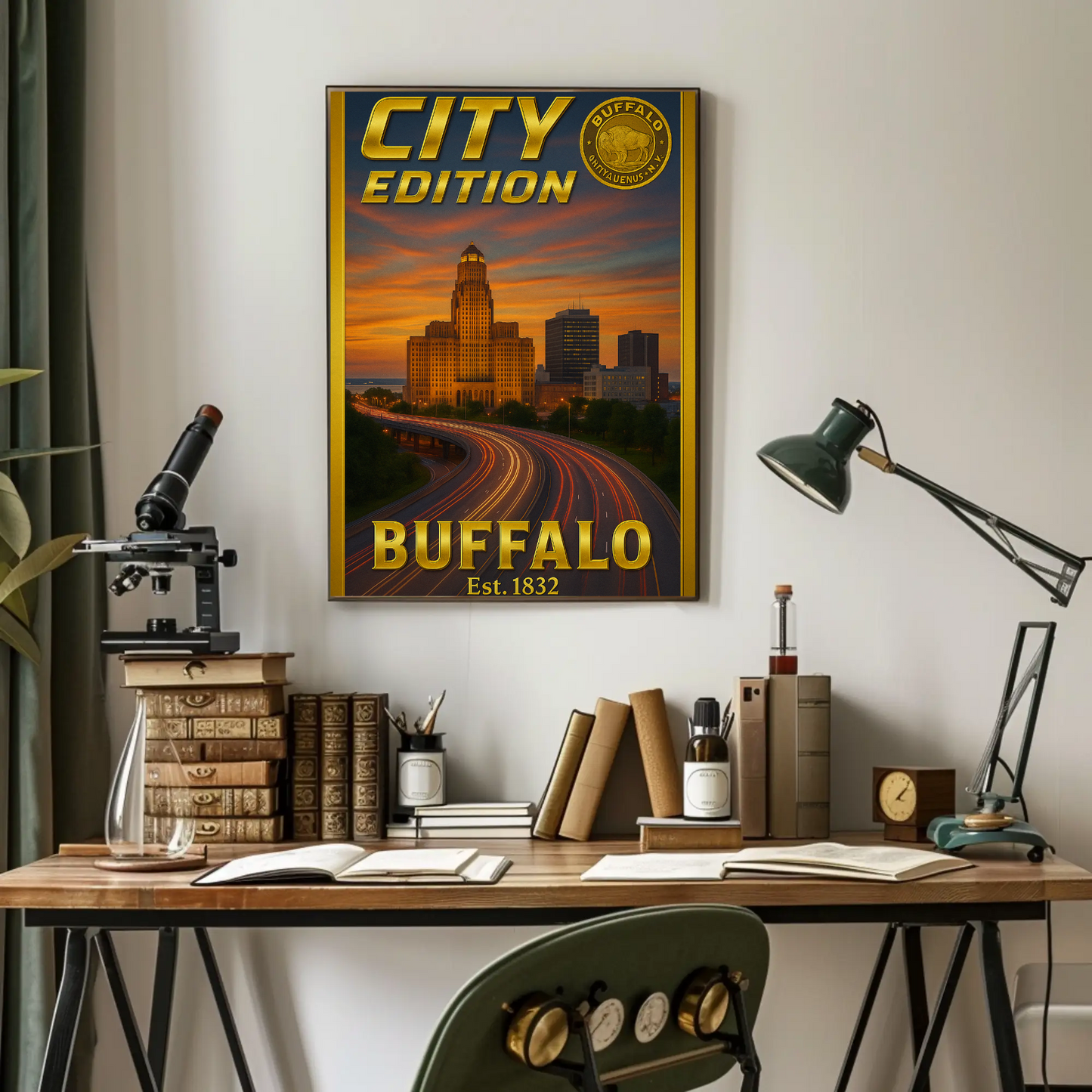 Buffalo New York Skyline Highway Sunset Poster Poster