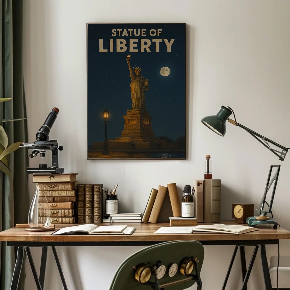 Statue Of Liberty Night Scene Poster Vintage Wall Art