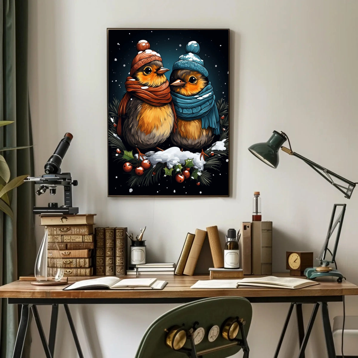 Winter Wonderland Companions Birds Knitwear Folk Art Whimsical Seasonal Decor Cozy Holiday Poster