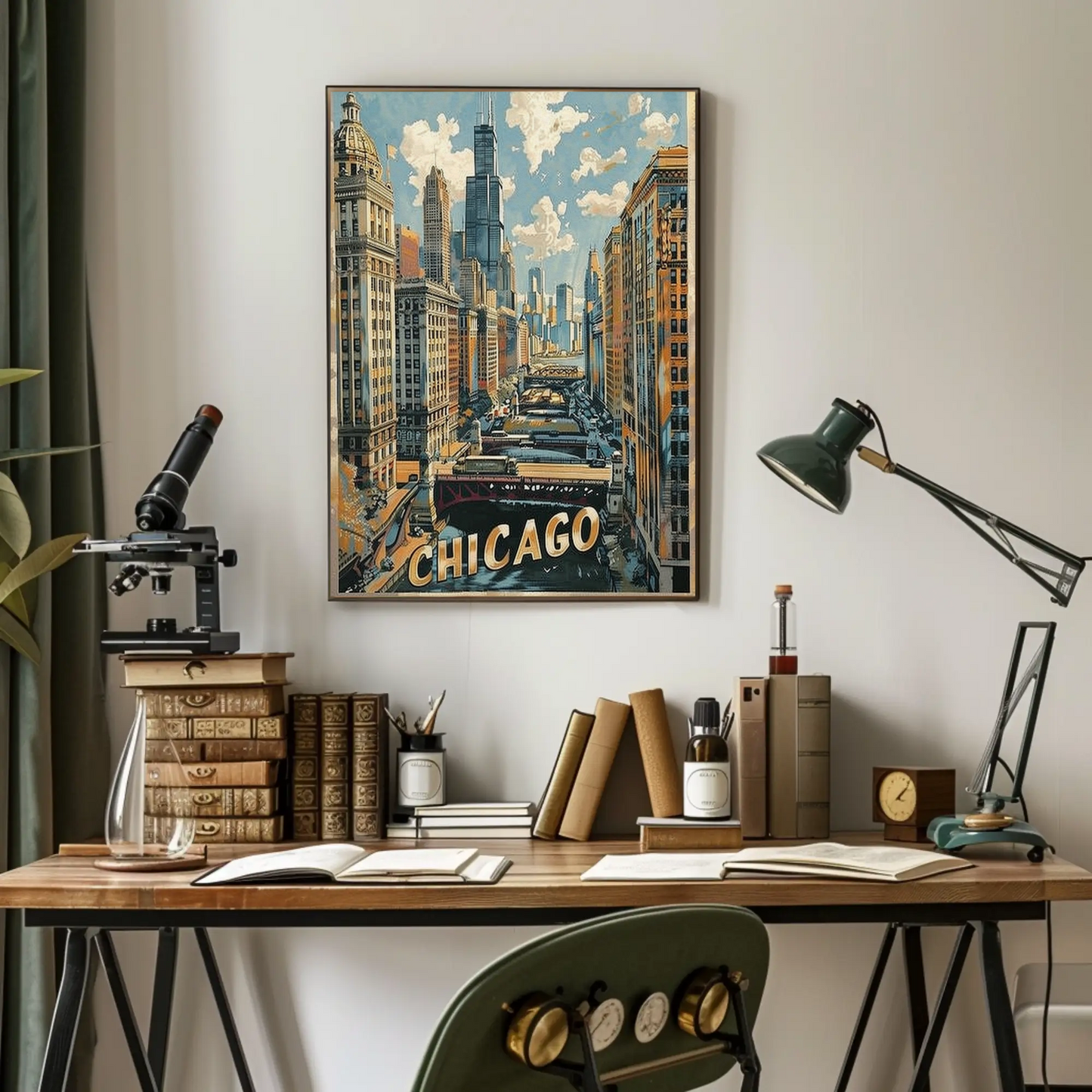 Chicago Skyline River Train Architecture Cityscape Travel Poster