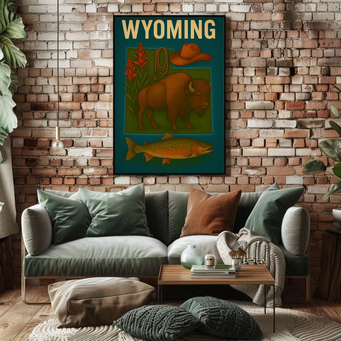 Wyoming Bison Fish Rope Hat Nature Vintage Travel Poster