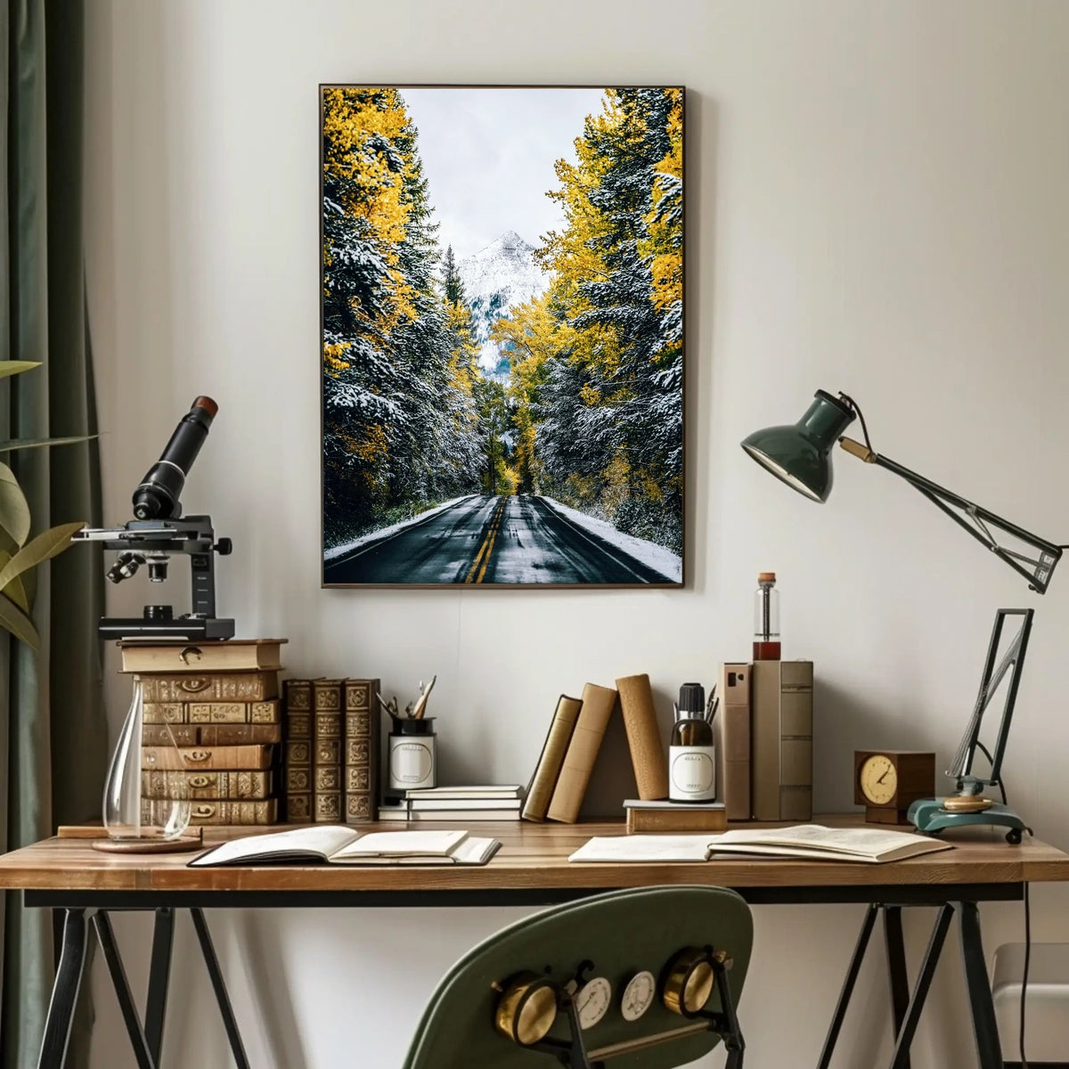 Autumnal Forest Road with Snow-Capped Mountain Poster