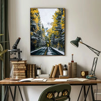 Autumnal Forest Road with Snow-Capped Mountain Poster