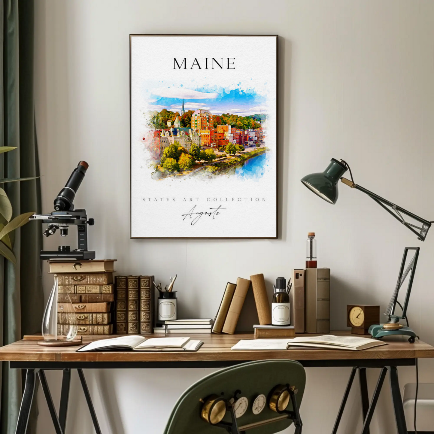 Maine Augusta Skyline Watercolor States Collection Poster