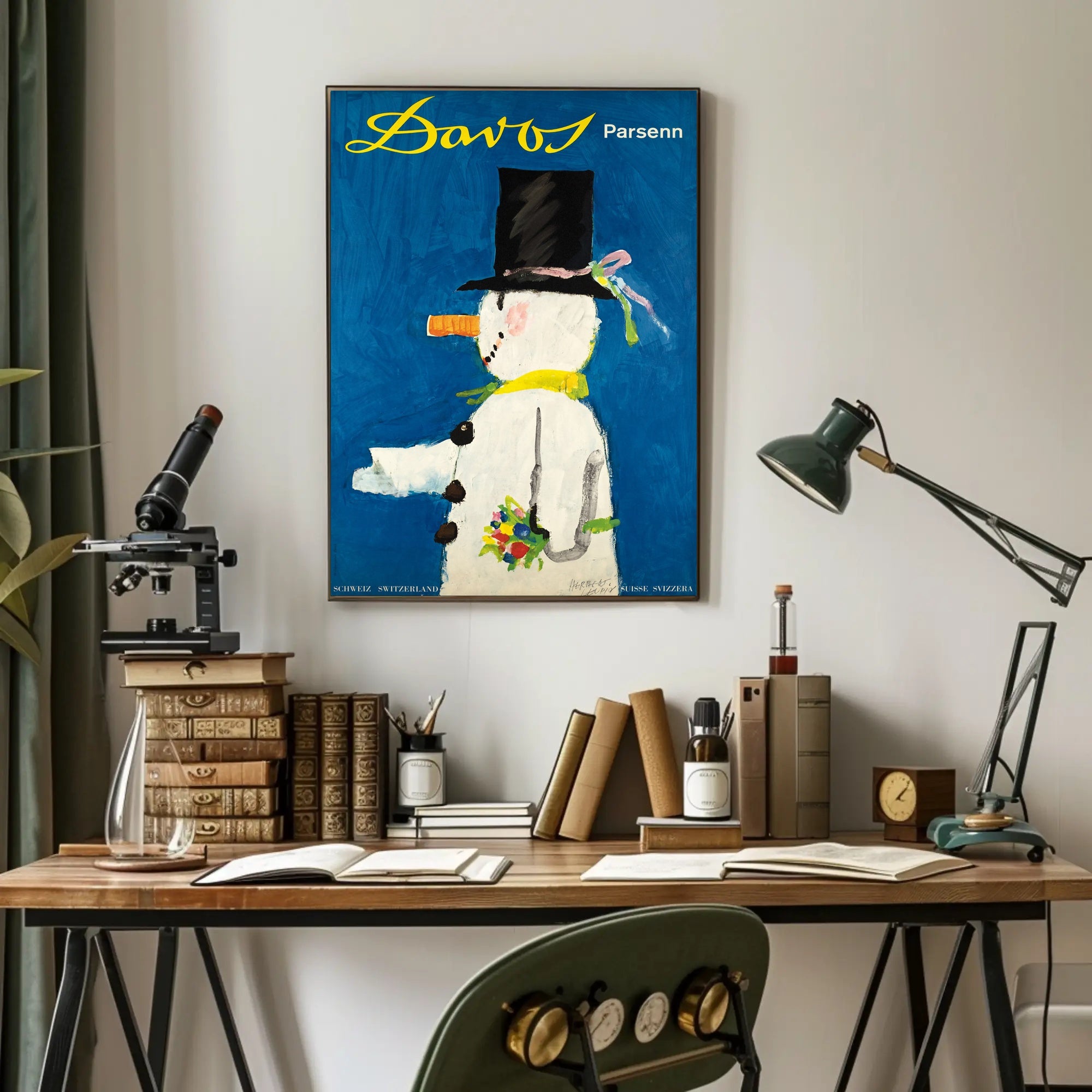 Whimsical Snowman Switzerland Travel Poster PosterGoat