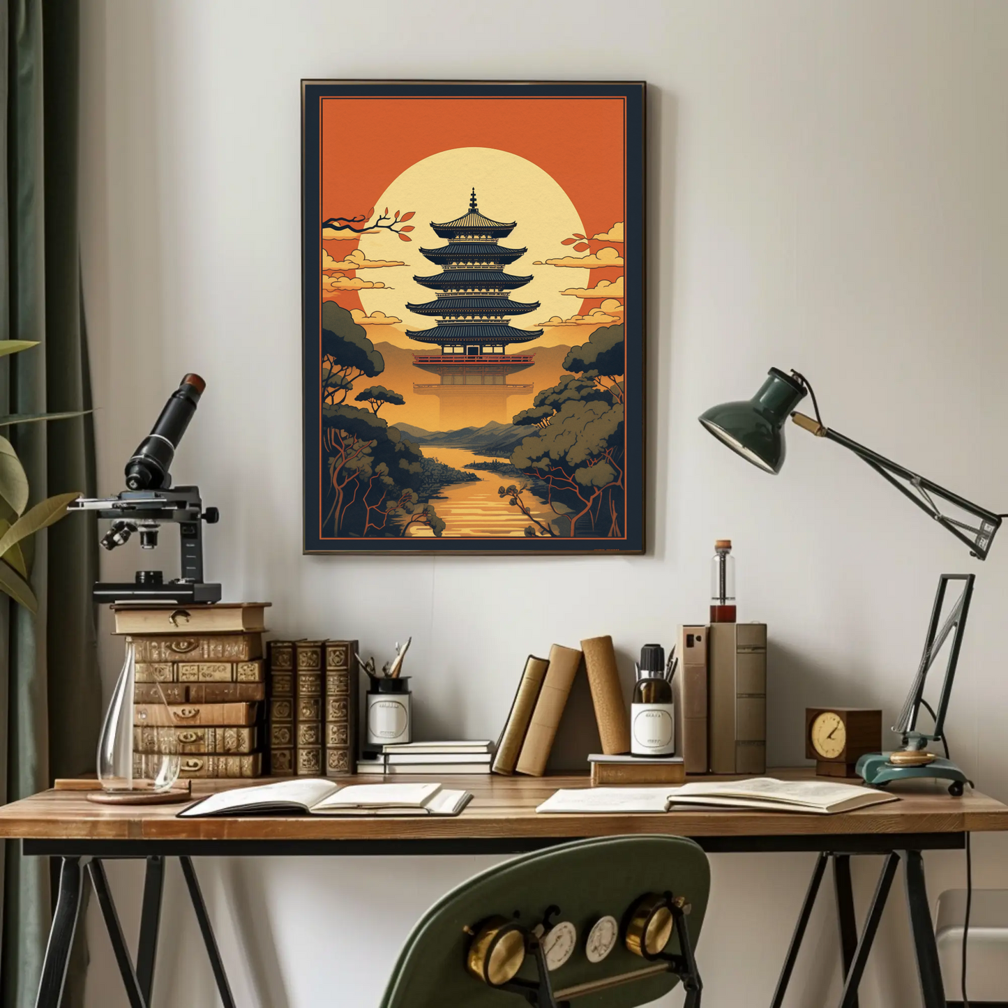 Japanese Temple Sunset Silhouette Travel Poster