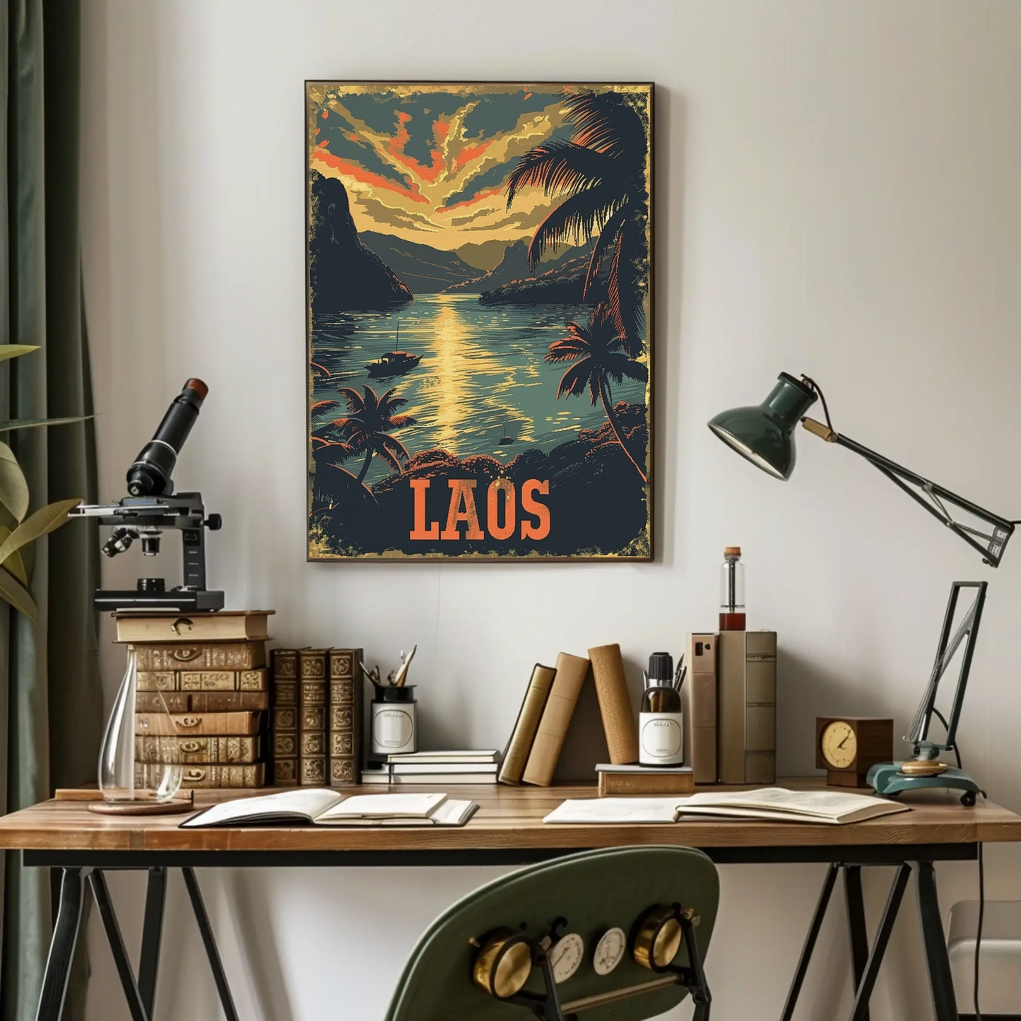 Laos River Sunset Palm Trees Landscape Travel Poster
