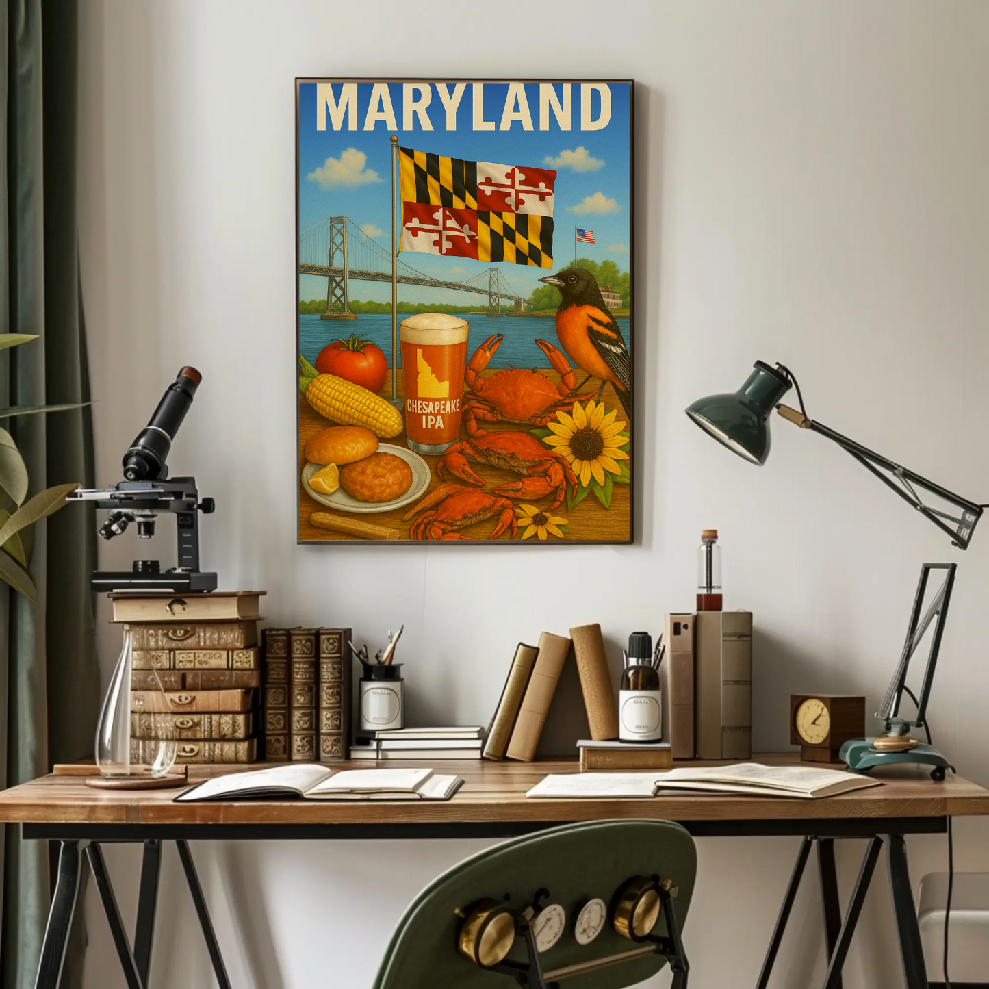 Maryland Crab Bridge Beer Corn Bird Flag Travel Poster