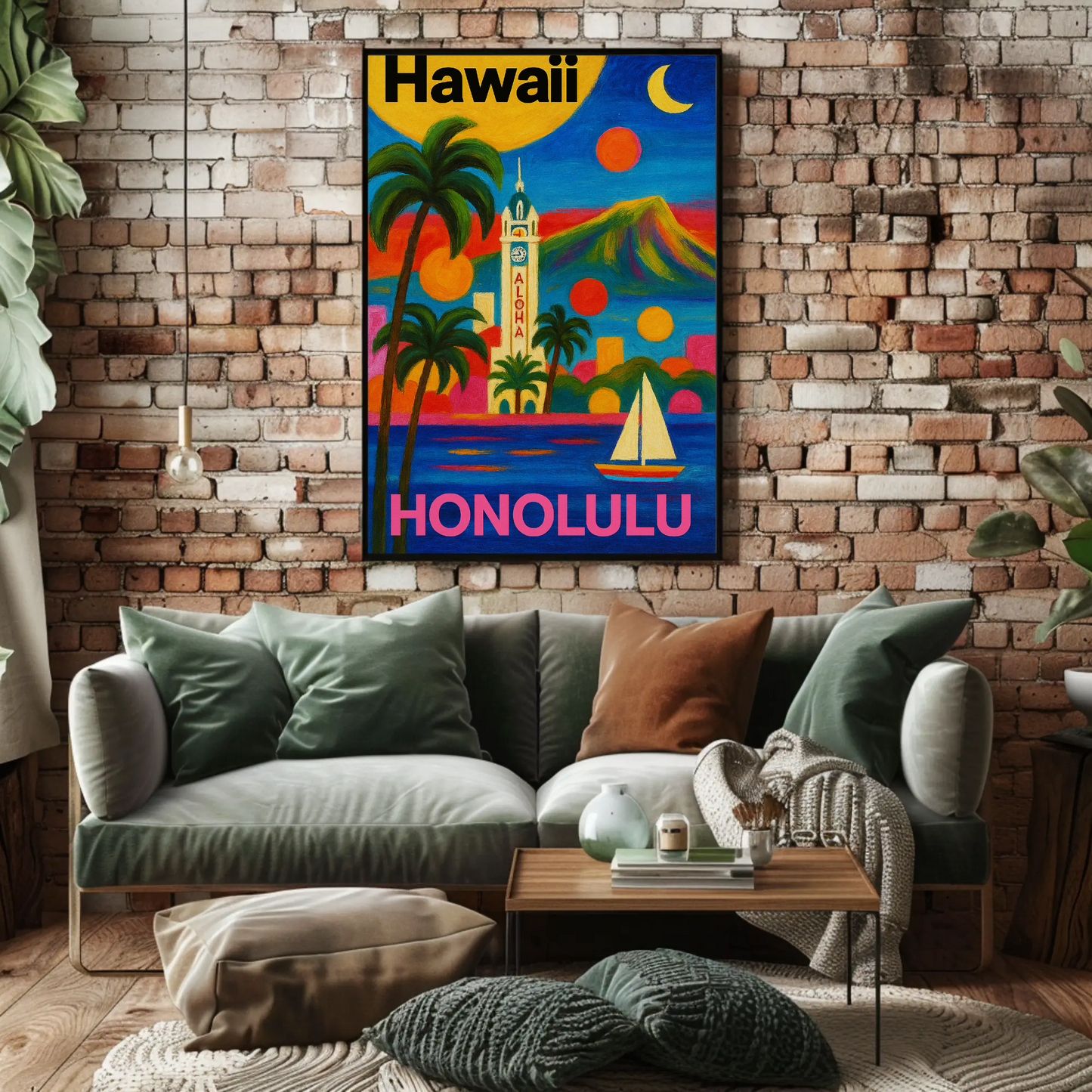 Honolulu Hawaii Skyline Retro Vintage Travel Poster