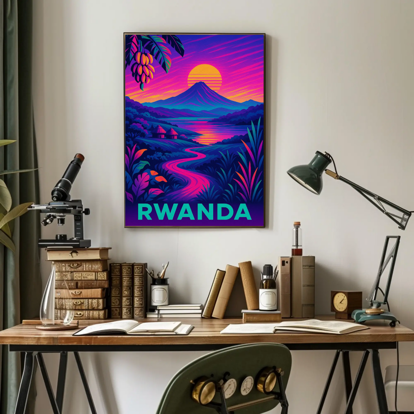 Rwanda Neon Night Valley Sunset Travel Poster