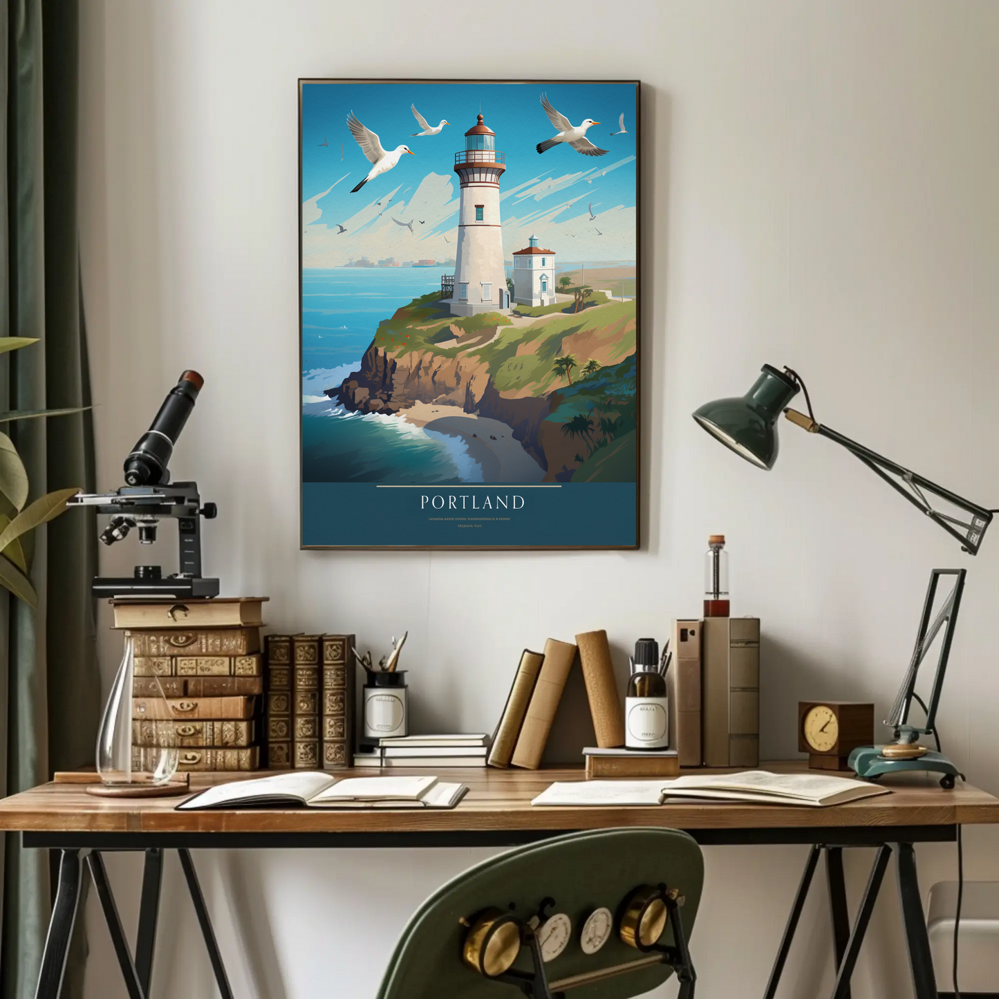 Portland Coastal Lighthouse and Seagulls Travel Poster