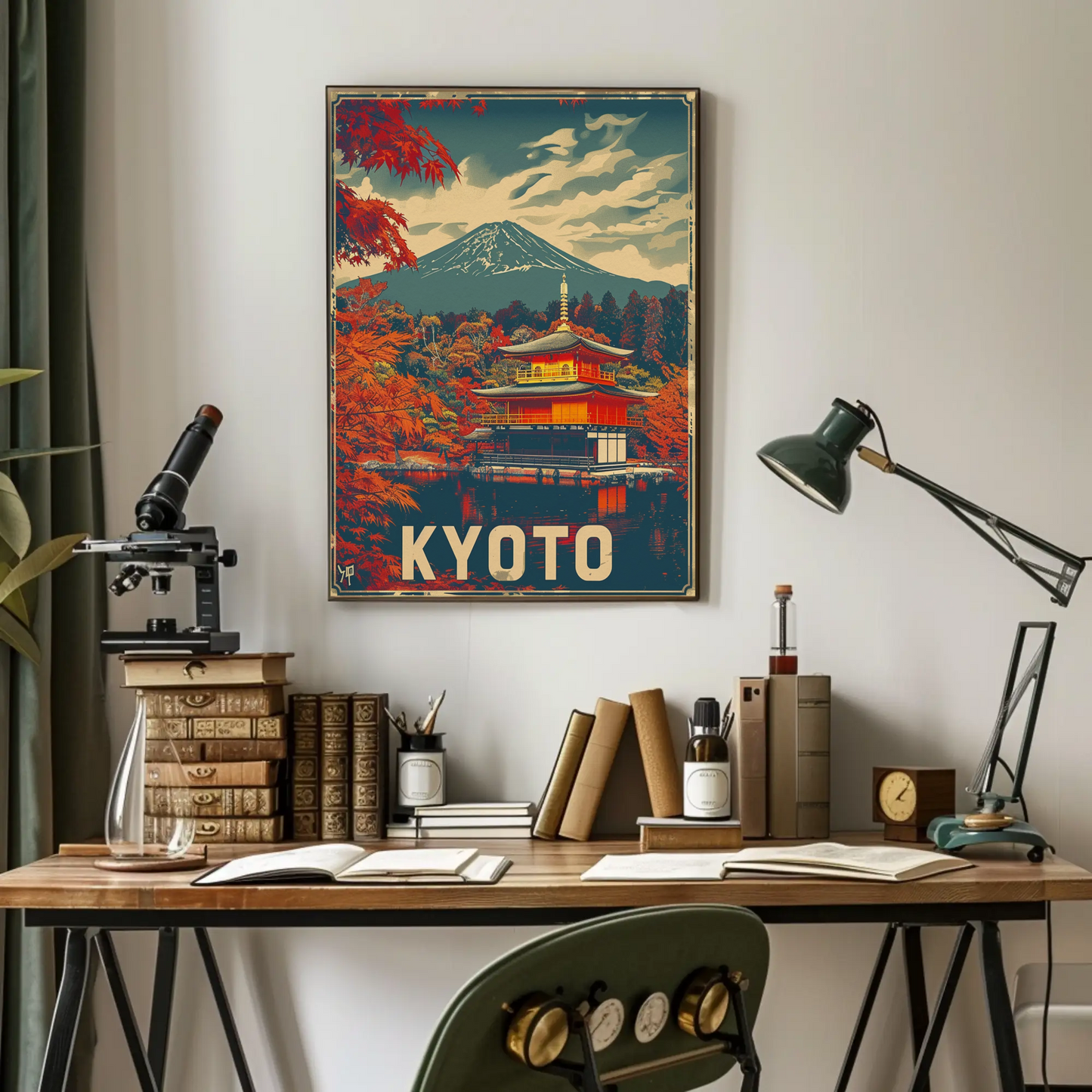 Kyoto Temple Autumn Mount Fuji Travel Poster