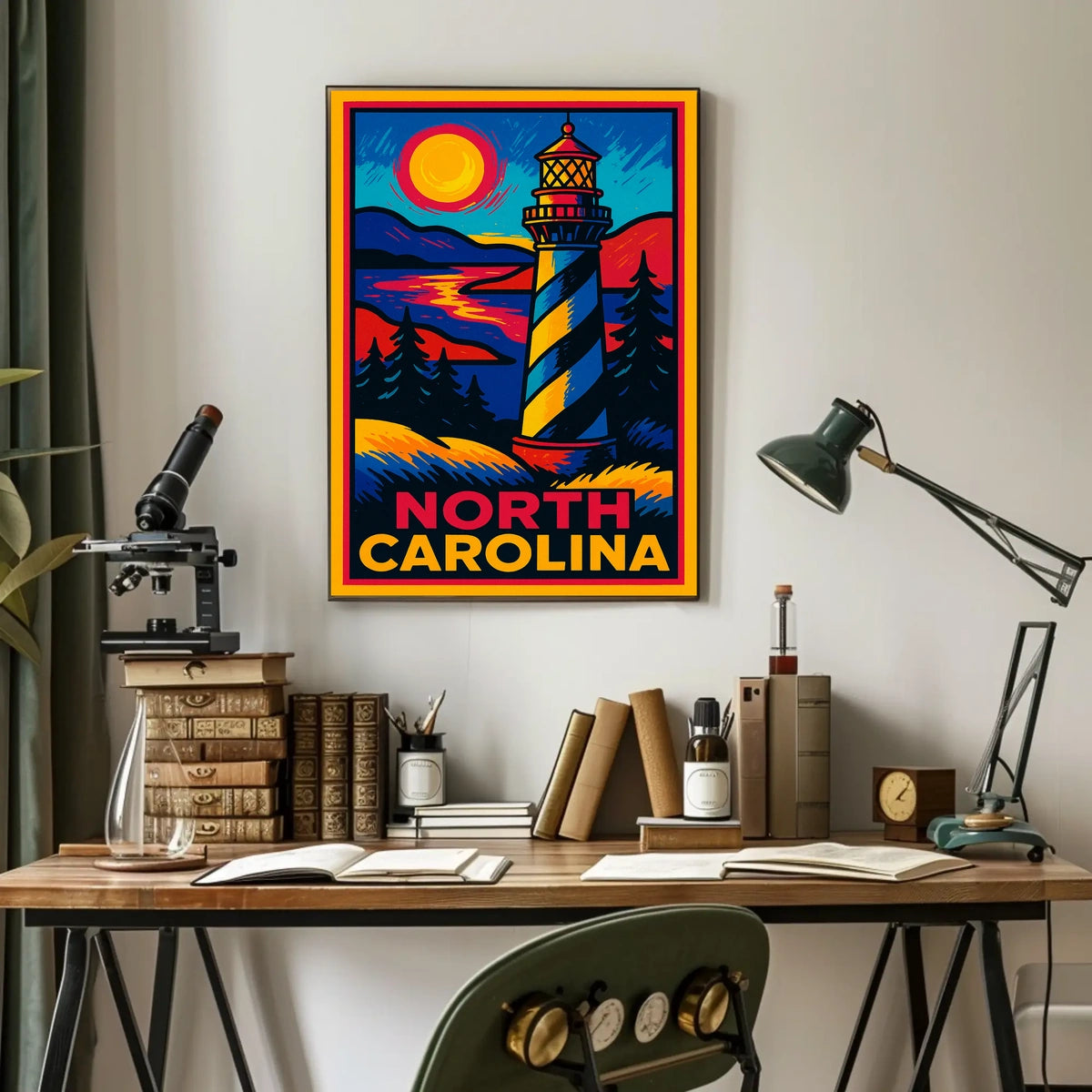 North Carolina Lighthouse Wanderlust Vintage Poster