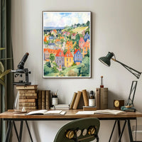 Colorful Hillside Village Poster PosterGoat