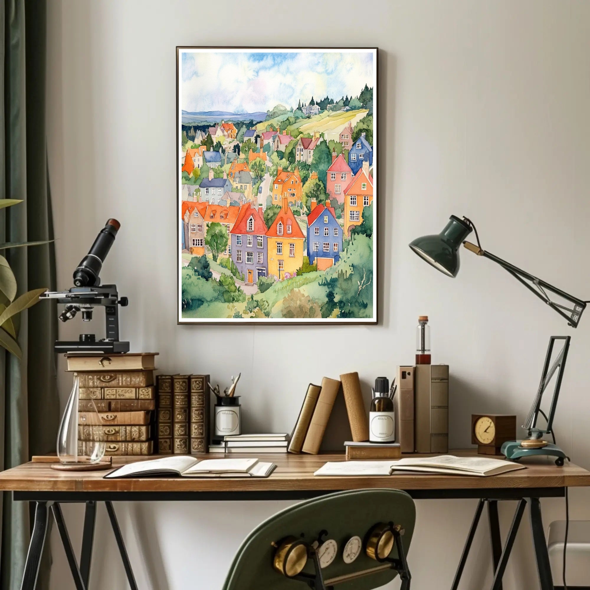 Colorful Hillside Village Poster PosterGoat